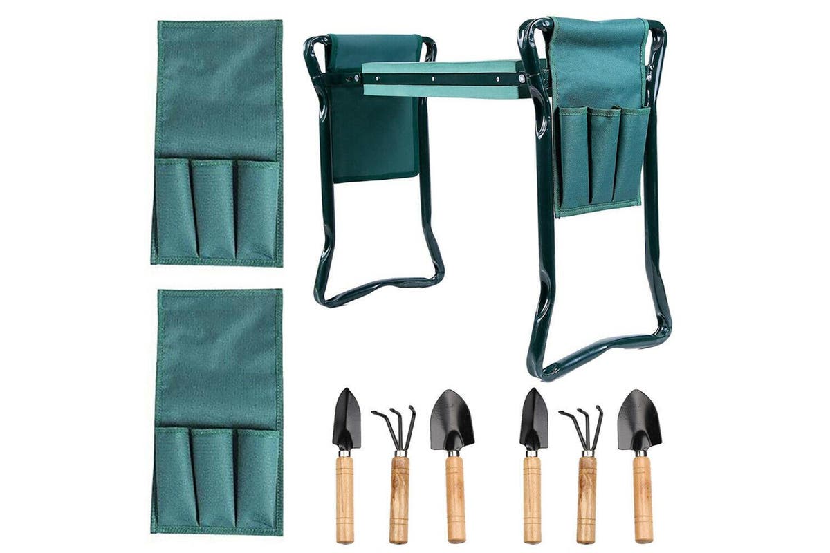 Garden Kneeler Padded Pad Seat Stool 2 in1 Gardening Work with 6 Tools + 2 Pouches