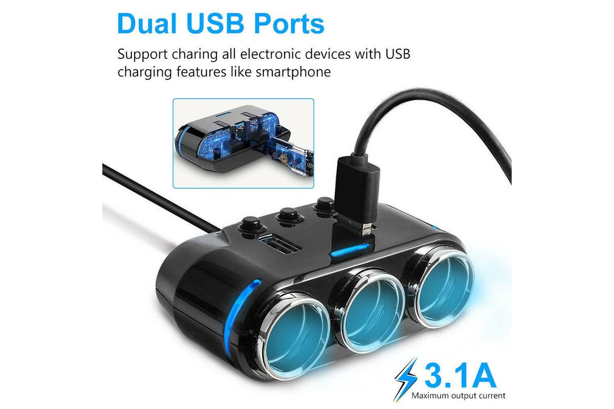 1x 3 Way 12V Multi Socket Car Lighter Splitter Dual USB Charger Adapter