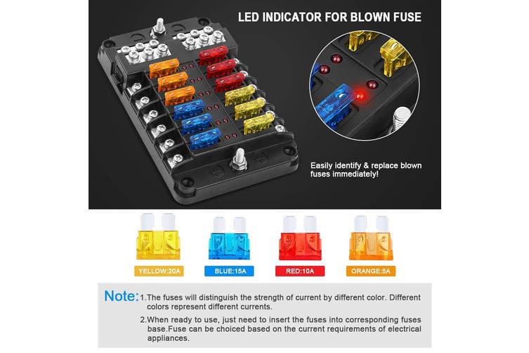 12 Way Blade Fuse Auto Block Box Holder Indicator 12V ATC ATO Circuit Car Boat