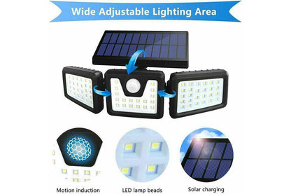 3 Head Solar Motion Sensor Light Outdoor Garden Wall Security Flood Lamp 100LEDs