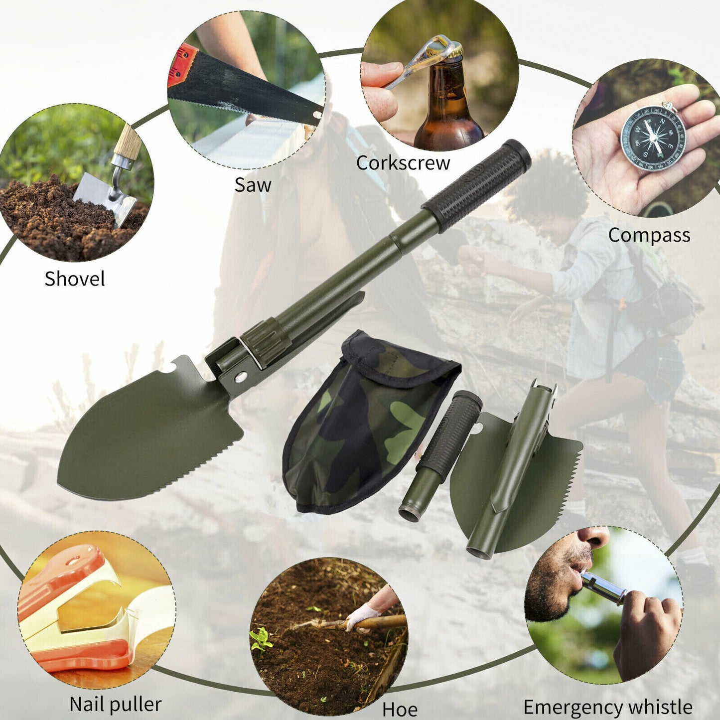 Outdoor Survival Foldable Shovel Spade Garden Camping Hiking Camp Compass