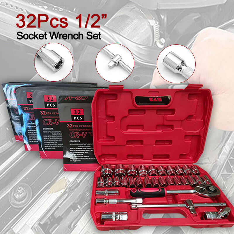 Ishopeasy 32Pcs DR Socket Set 1/2in Ratchet Sleeve Wrench Quick Release Spanner Auto Re