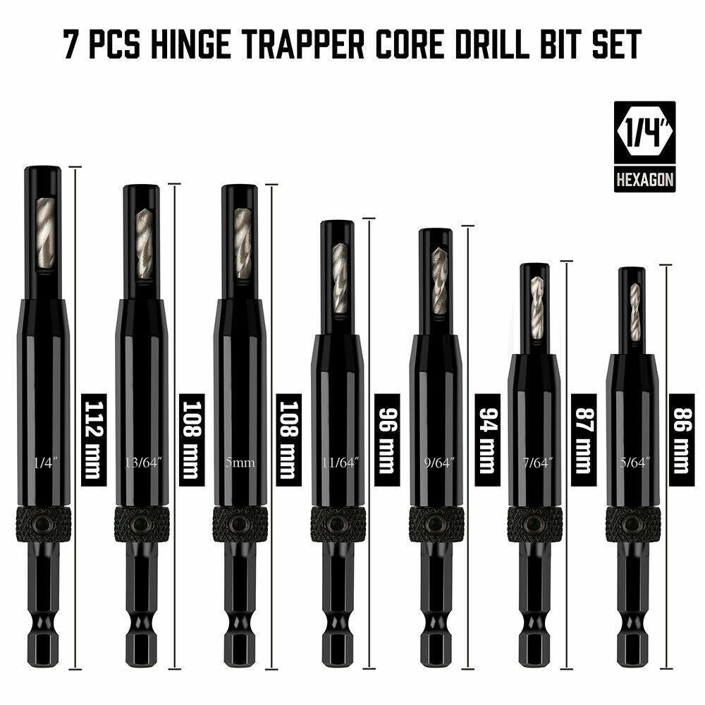 7-Piece Centre Drill Bits Set Self Centering Hinge Hole Drilling 1/4 Inch Hex Shank