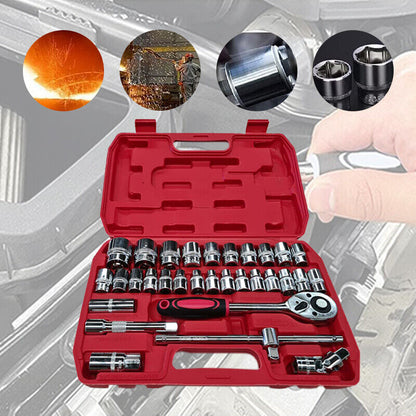 Ishopeasy 32Pcs DR Socket Set 1/2in Ratchet Sleeve Wrench Quick Release Spanner Auto Re