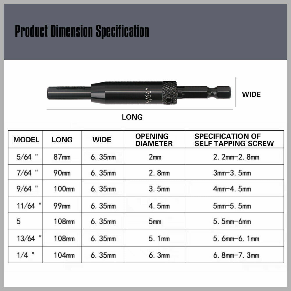 7-Piece Centre Drill Bits Set Self Centering Hinge Hole Drilling 1/4 Inch Hex Shank