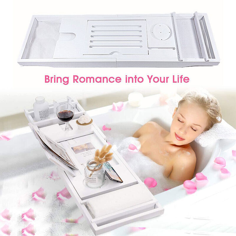 Ishopeasy Expandable Bathtub Caddy Tray Bamboo Bath Table Over Tub with Wine & Book Holder