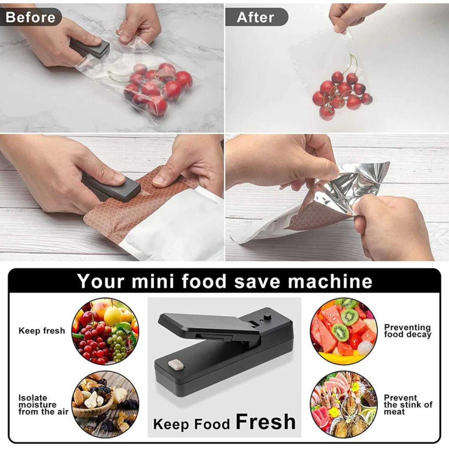 Ishopeasy Portable Mini Heat Sealing Machine USB Rechargeable Food Sealer Plastic Bag