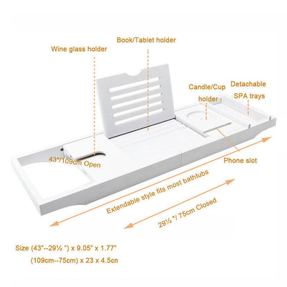 Ishopeasy Expandable Bathtub Caddy Tray Bamboo Bath Table Over Tub with Wine & Book Holder