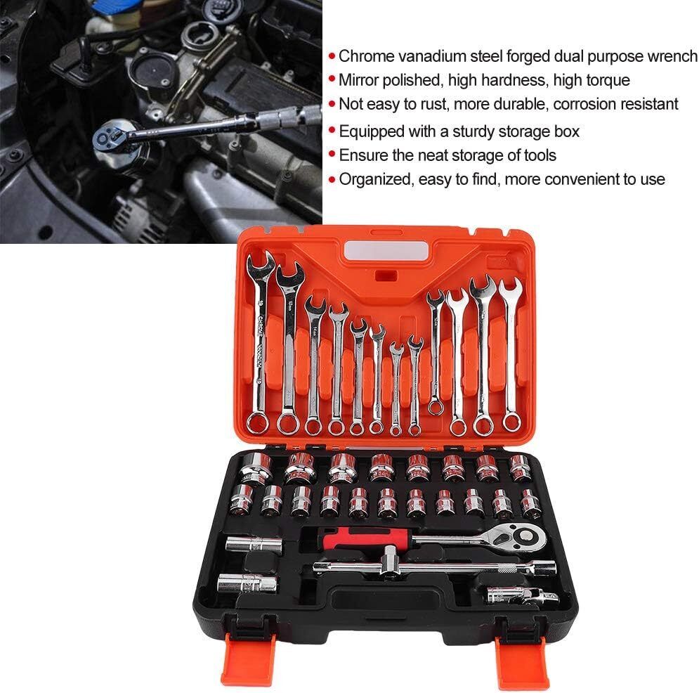 Ishopeasy 37x Combination Spanner Set Portable Impact Socket Set Socket Wrench Ratchet Set