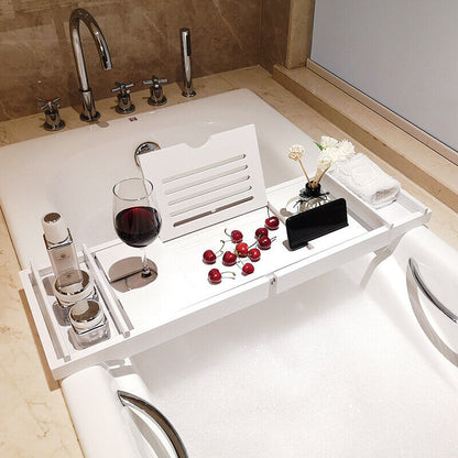 Ishopeasy Expandable Bathtub Caddy Tray Bamboo Bath Table Over Tub with Wine & Book Holder