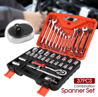 Ishopeasy 37x Combination Spanner Set Portable Impact Socket Set Socket Wrench Ratchet Set