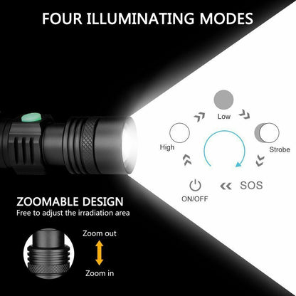 2X 60000lm CREE Q3-WC T6 LED Flashlight Torch USB Rechargeable Bike Mount