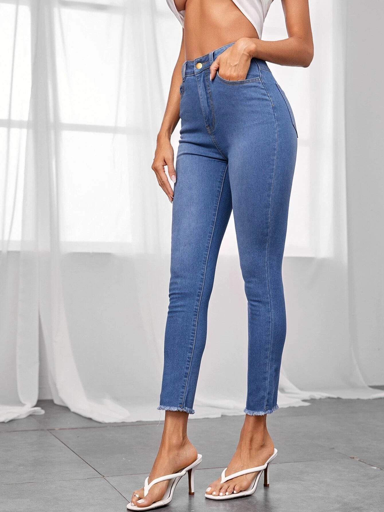 High Waist High Stretch Raw Hem Jeggings