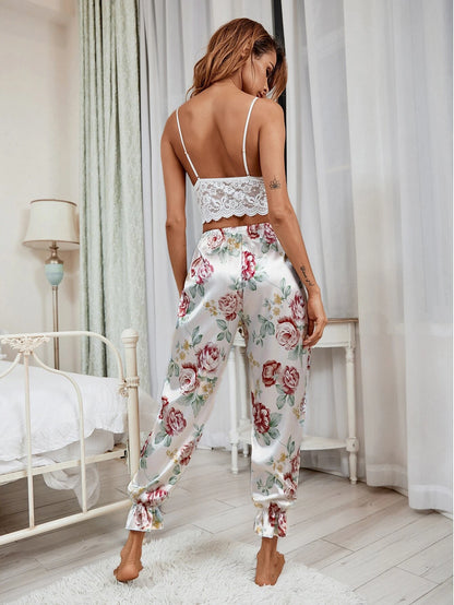 Floral Lace Bralette With Floral Print Satin Pants