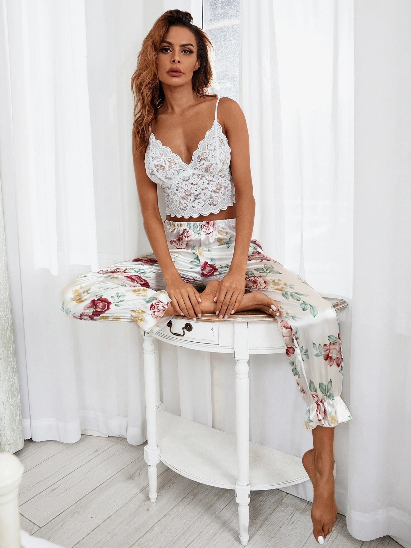 Floral Lace Bralette With Floral Print Satin Pants