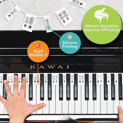 Removable Piano Keyboard Note Labels Reusable Silicone Stickers 88/61 Keys