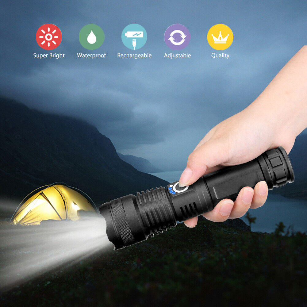 900000 Lumens XHP50 Zoom Flashlight LED Rechargeable Lamp Torch w/26650 Battery