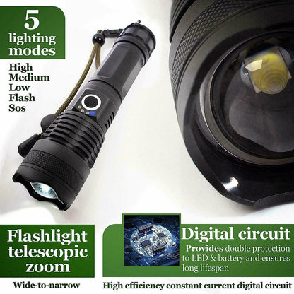 900000 Lumens XHP50 Zoom Flashlight LED Rechargeable Lamp Torch w/26650 Battery