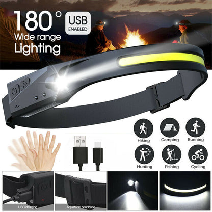 COB LED Waterproof Motion Sensor Head Torch Headlight USB Rechargeable Headlamp