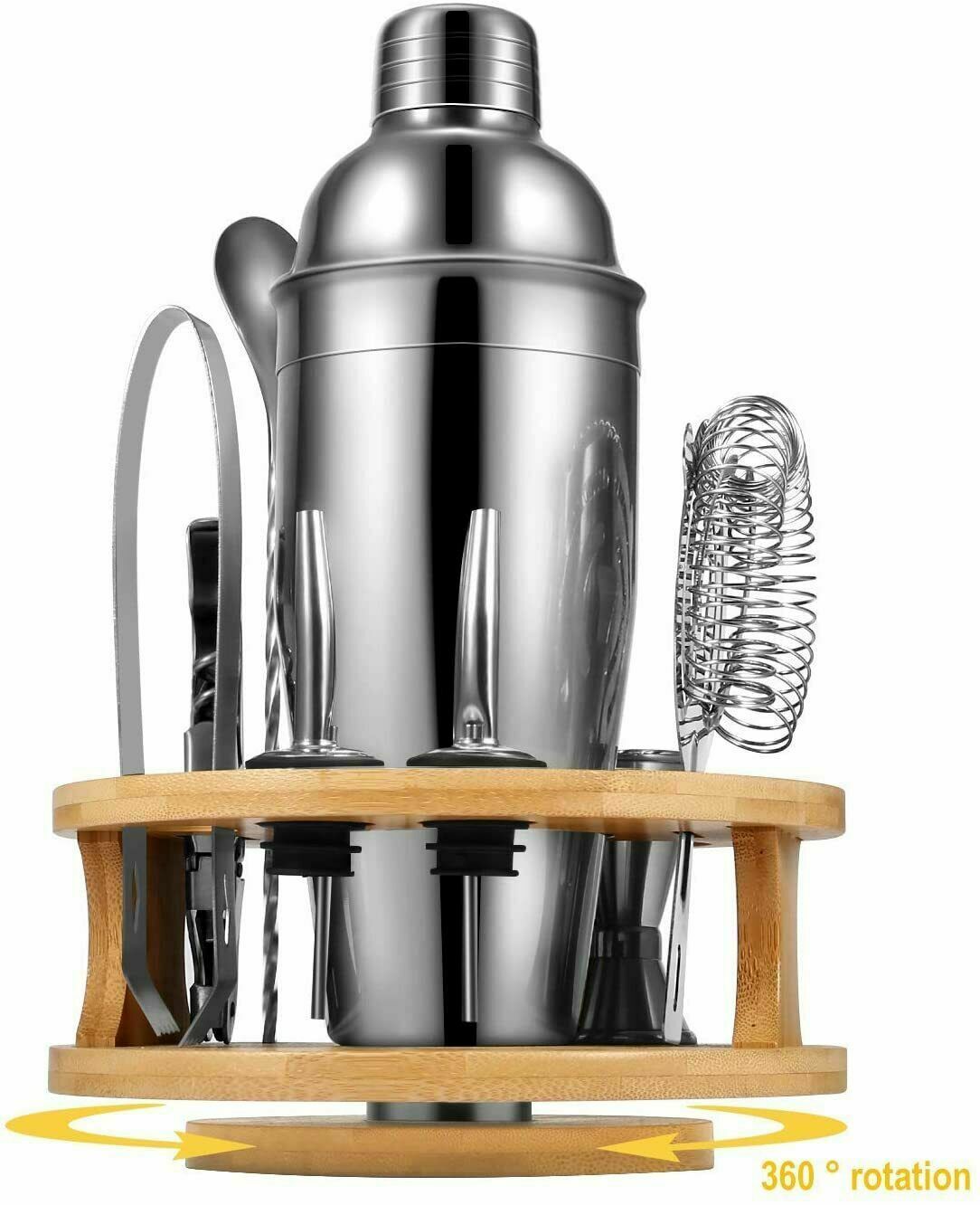 Cocktail Shaker Set Bartender Kit with Rotating Bamboo and 10-Piece Stainless