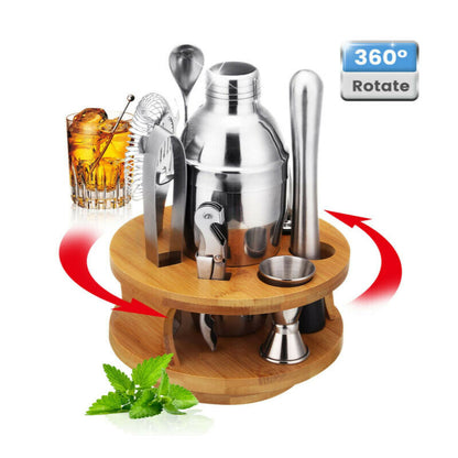 Cocktail Shaker Set Bartender Kit with Rotating Bamboo and 10-Piece Stainless