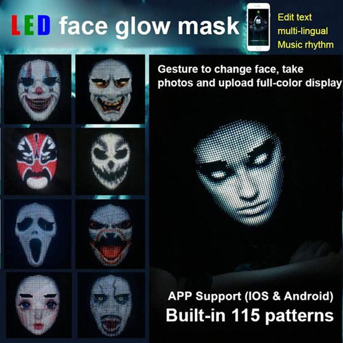 LED Programmable Full Face Mask App Control DIY Bar Nightclub Party Festive Mask