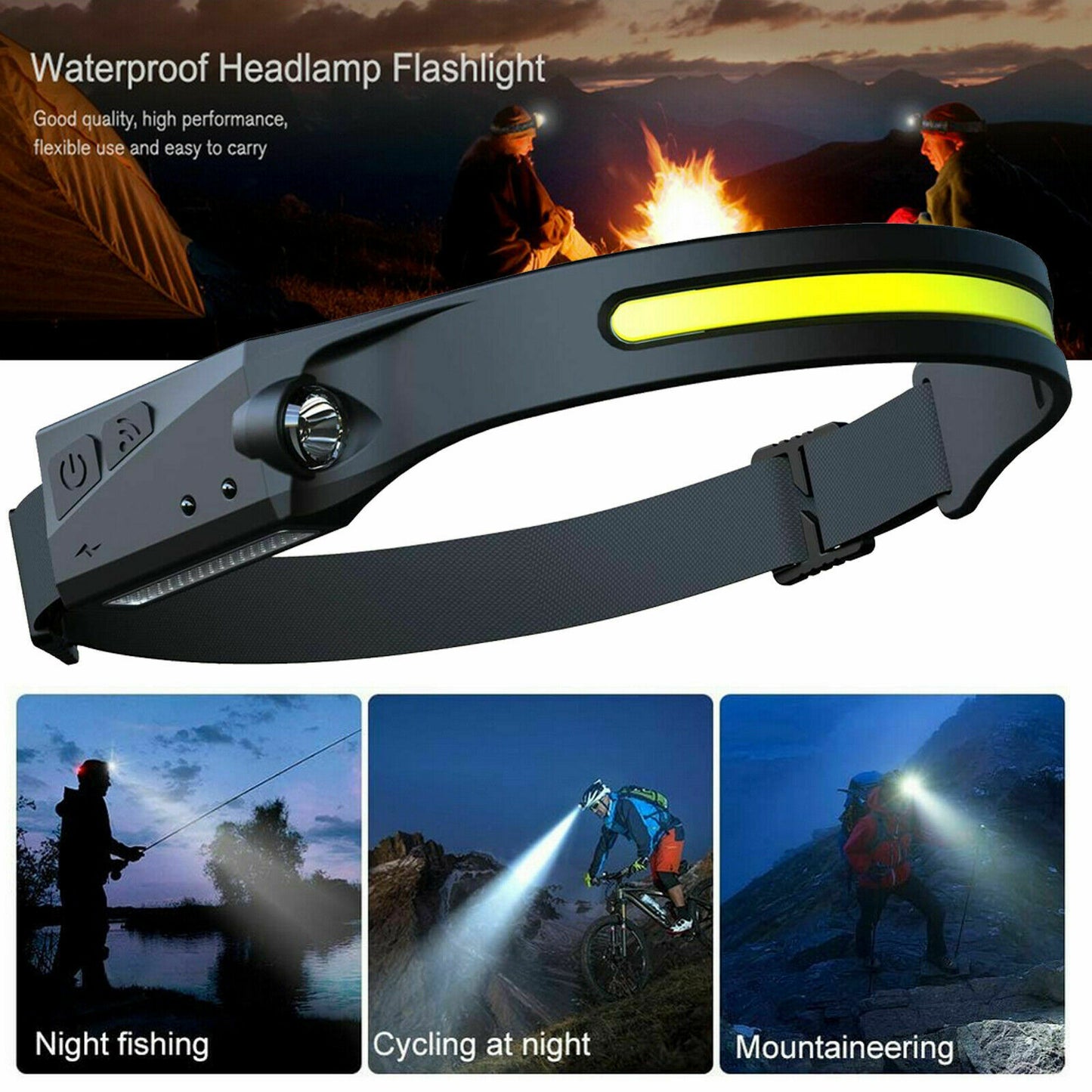 COB LED Waterproof Motion Sensor Head Torch Headlight USB Rechargeable Headlamp