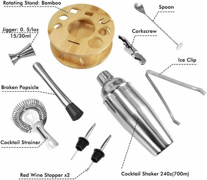 Cocktail Shaker Set Bartender Kit with Rotating Bamboo and 10-Piece Stainless