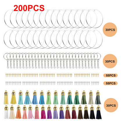 200x Keyring Clear Acrylic Circle Discs Keychain Blanks Tassel Pendants DIY Kit