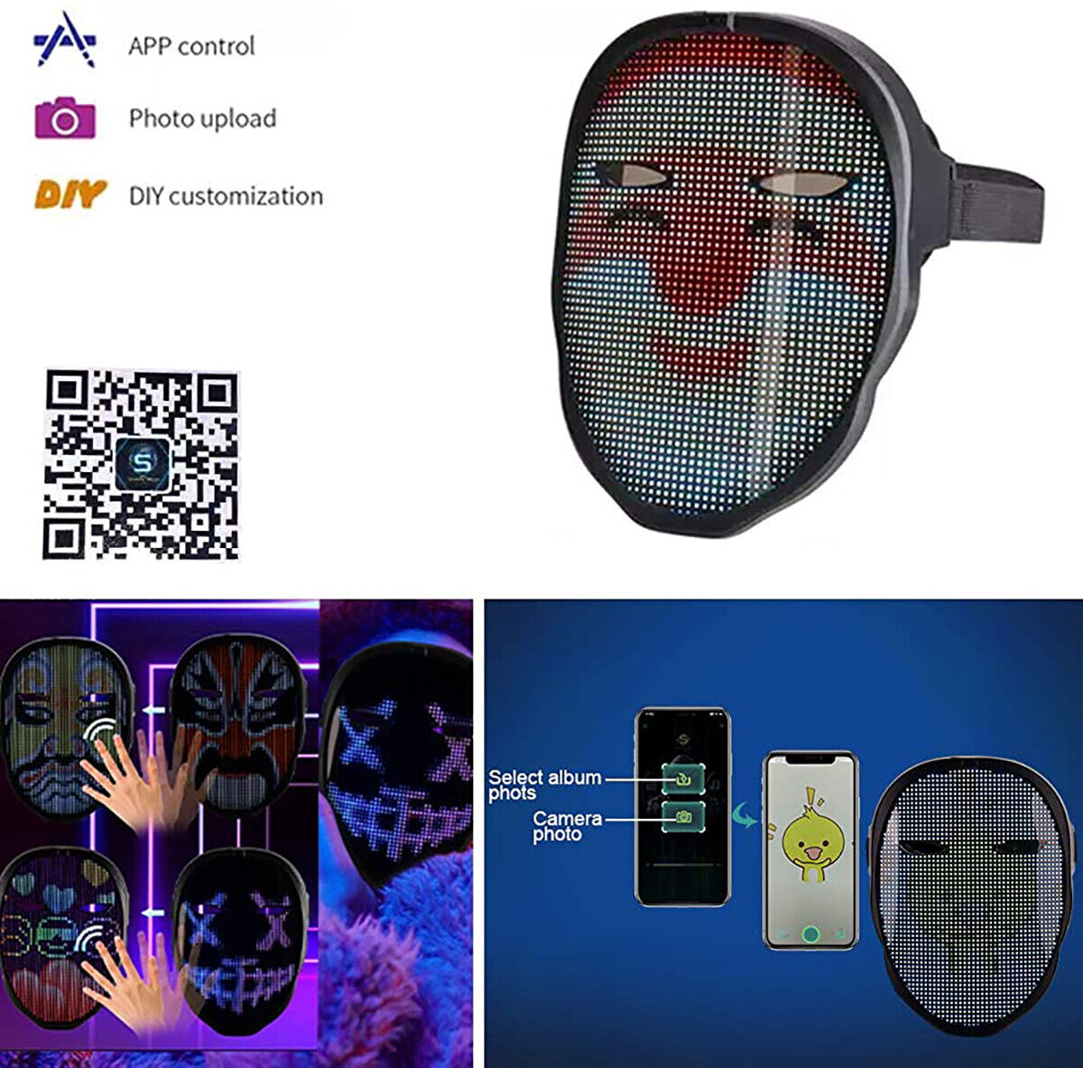 LED Programmable Full Face Mask App Control DIY Bar Nightclub Party Festive Mask